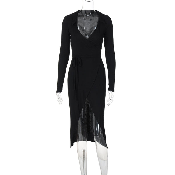 Turnover collar long sleeve slit self tie midi dress  | red tango dress