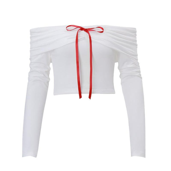 Long sleeve off shoulder bowknot ribbon top