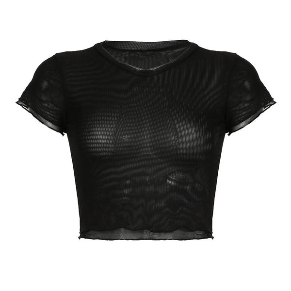 Short sleeve sheer mesh ruffle crop top