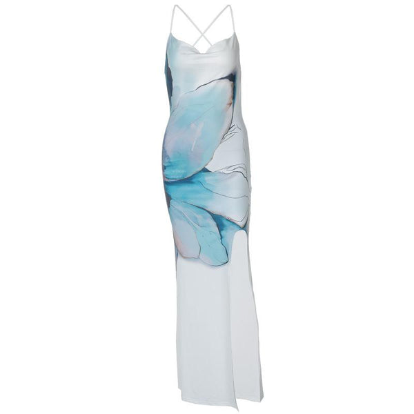 Print cowl neck slit cross back cami maxi dress