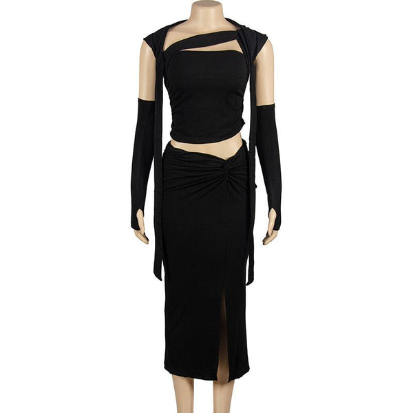 Ensemble jupe midi fendue avec sweat à capuche et gants froncés irréguliers 