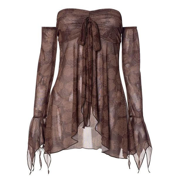 Long flared sleeve sheer mesh print off shoulder top