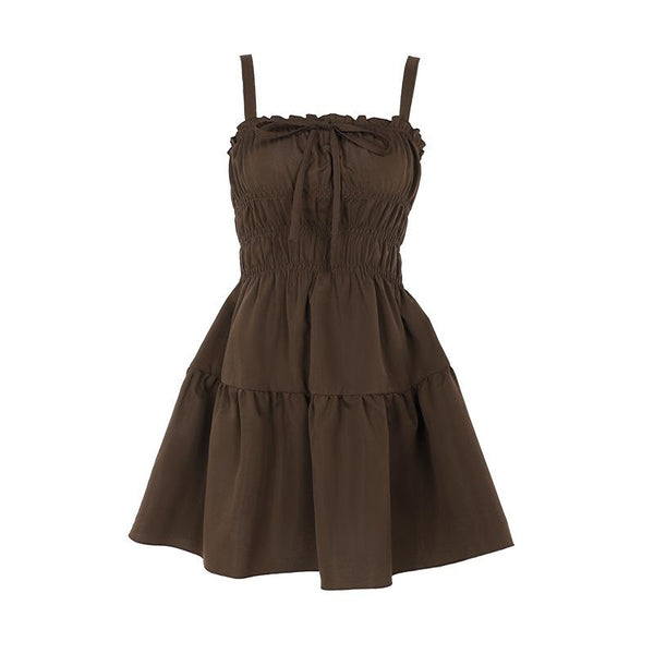Smocked ruched bowknot ruffle cami mini dress