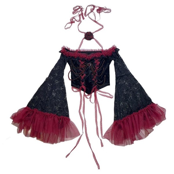 Ensemble jupe longue à manches longues évasées et broderies florales 