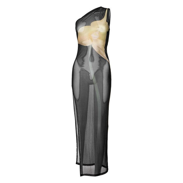 One shoulder sheer mesh print high slit maxi dress  | samba dress