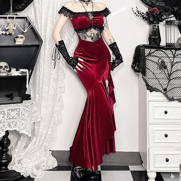 Off shoulder lace hem slit velvet metal applique ruched maxi dress  | red tango dress