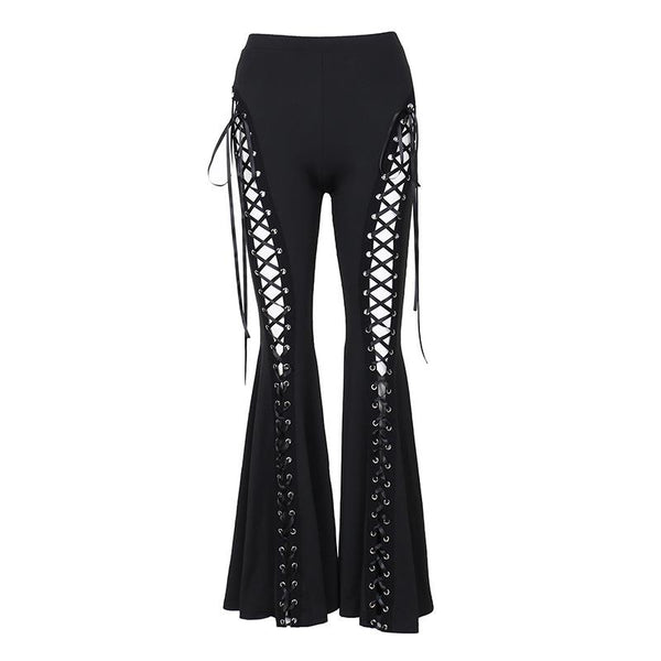 Pantalon taille haute à lacets et ruban ajouré 