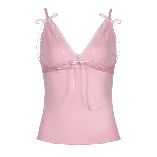 Haut camisole col V avec nœud en ruban et ourlet en dentelle 