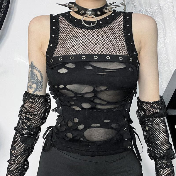 Crewneck fishnet buckle hollow out lace up tank cut out top