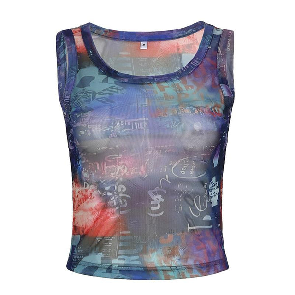 Sleeveless u neck print sheer mesh tank top