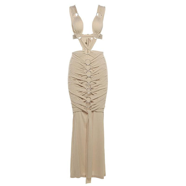 O ring textured hollow out self tie ruched tank maxi dress  | red tango dress