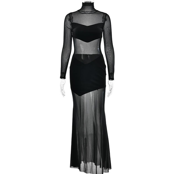 Robe longue en velours patchwork à manches longues et col haut 