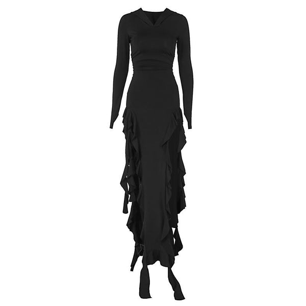 Long sleeve hoodie gloves ruffle maxi dress  | red tango dress