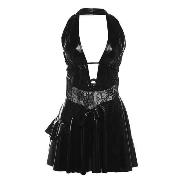 Halter PU leather lace patchwork ruched drawstring mini dress