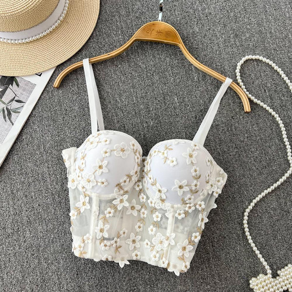 Haut caraco bustier rembourré brodé avec appliques de fleurs 