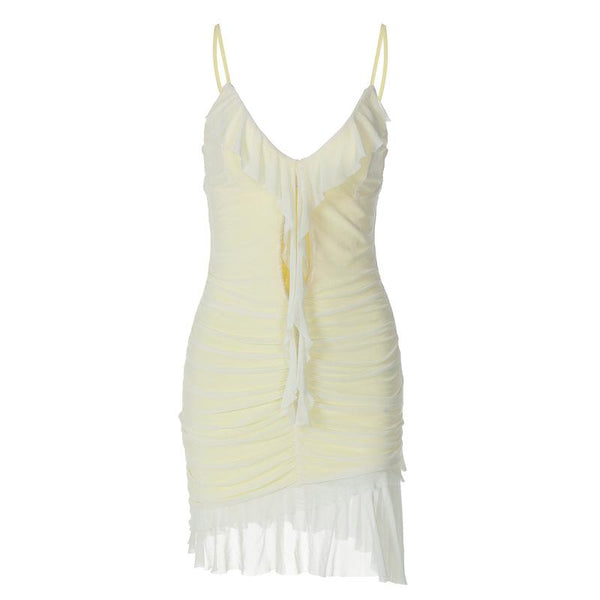 V neck ruffle hollow out ruched mesh cami mini dress