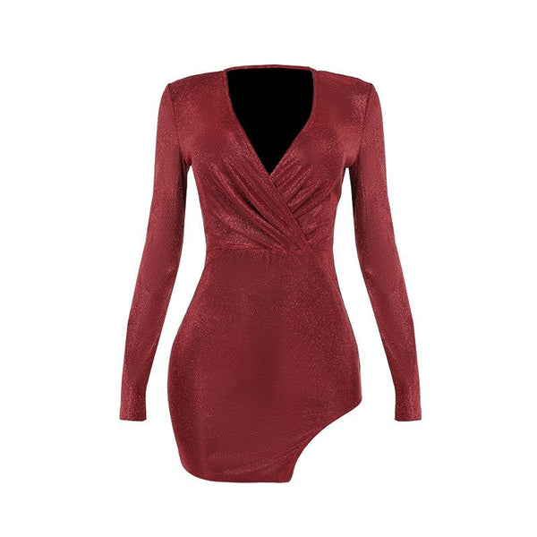 V neck long sleeve ruched slit glitter mini dress  | red tango dress