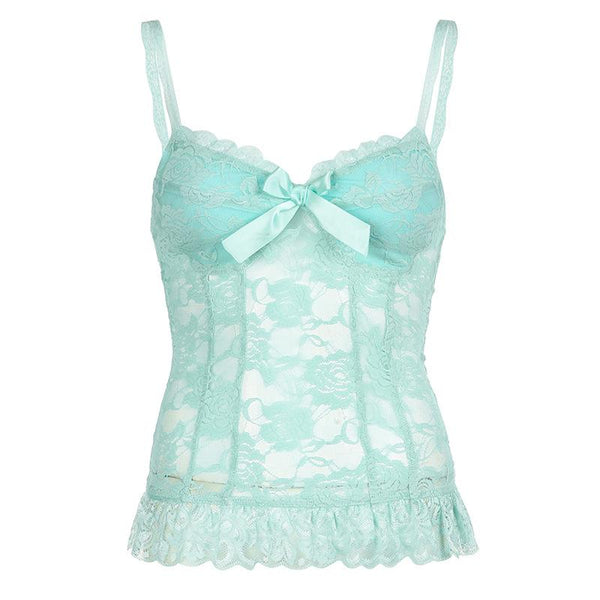 Haut caraco bustier en dentelle à nœud papillon et motif fleuri 