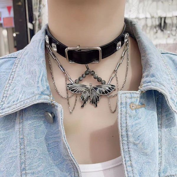 PU leather beaded adjustable layered choker necklace
