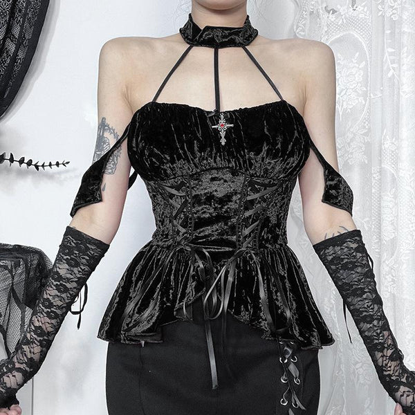 Halter velvet cross applique lace up top