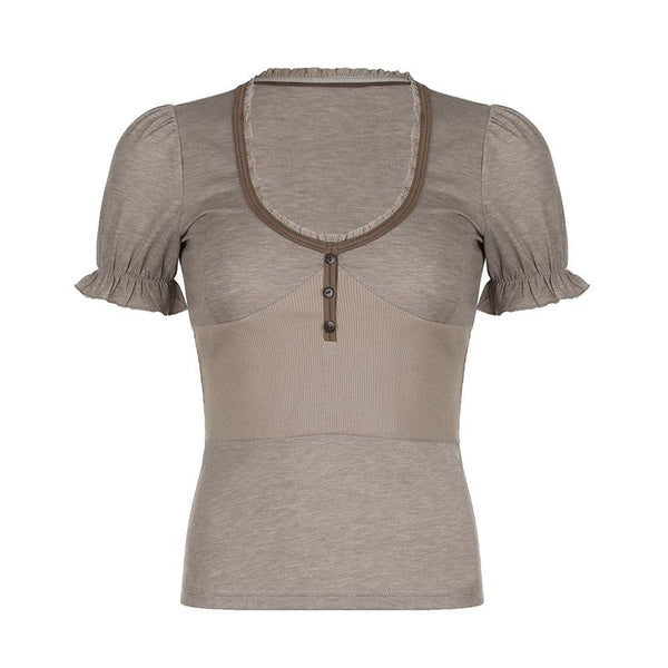Short puff sleeve button stitch ruffle ribbed top