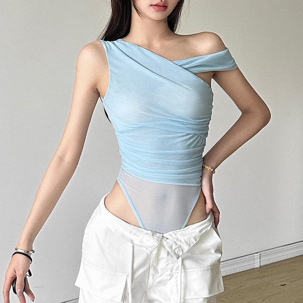 One shoulder ruched sheer mesh bodysuit