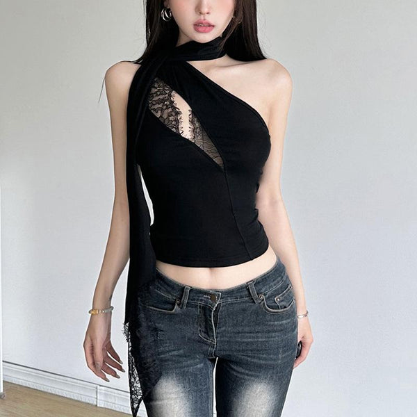 Halter one shoulder lace hem irregular top