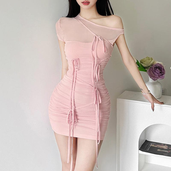 Short sleeve one shoulder mesh ruched patchwork mini dress