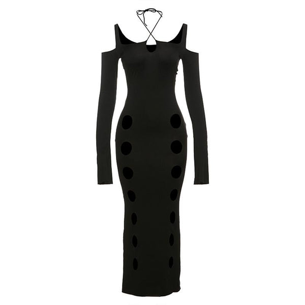 Hollow out long sleeve halter cross front self tie maxi dress  | black rave dress