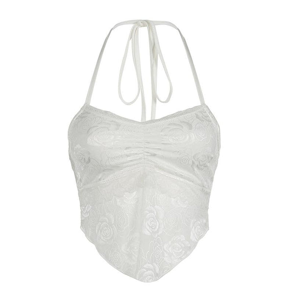 Halter lace ruched solid knotted top
