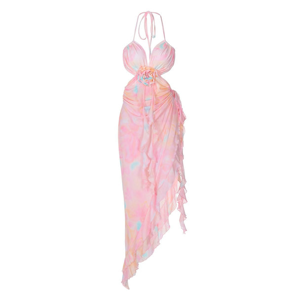 Halter flower applique ruffle backless slit maxi dress  | red tango dress