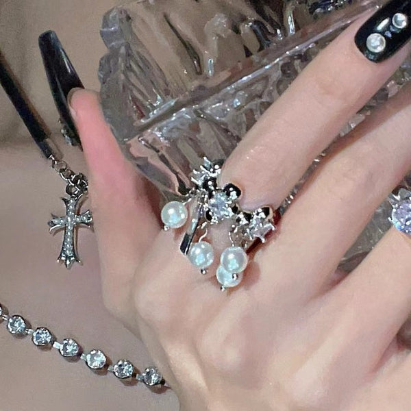 Bague réglable en argent avec fausses perles et strass