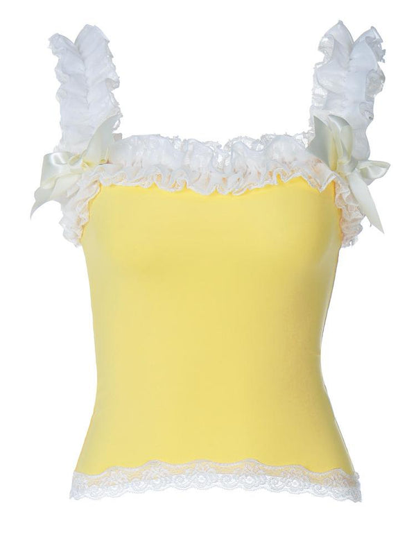 Square neck bowknot lace hem ruched cami top