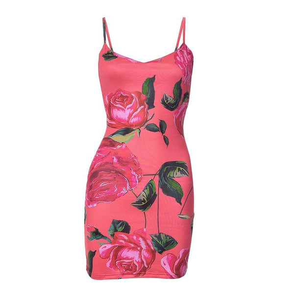 Rose print v neck backless cami mini dress  | red tango dress