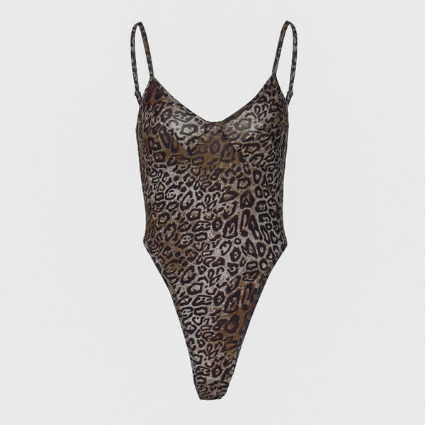 Leopard print v neck backless cami bodysuit