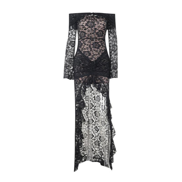 Robe longue froncée en dentelle à manches longues et épaules dénudées