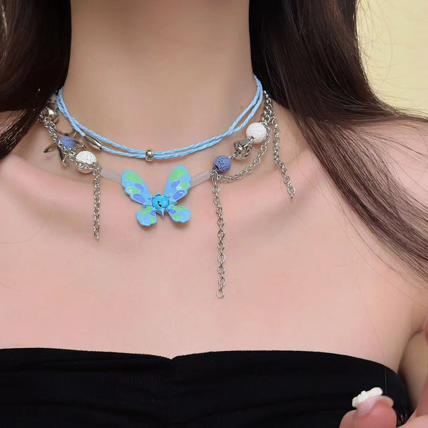 Collier ras du cou superposé en perles papillon