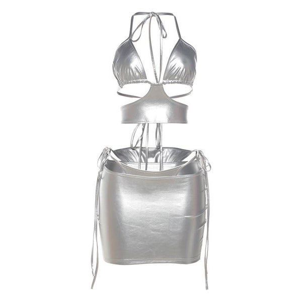 Halter PU leather metallic hollow out 3 piece mini skirt set