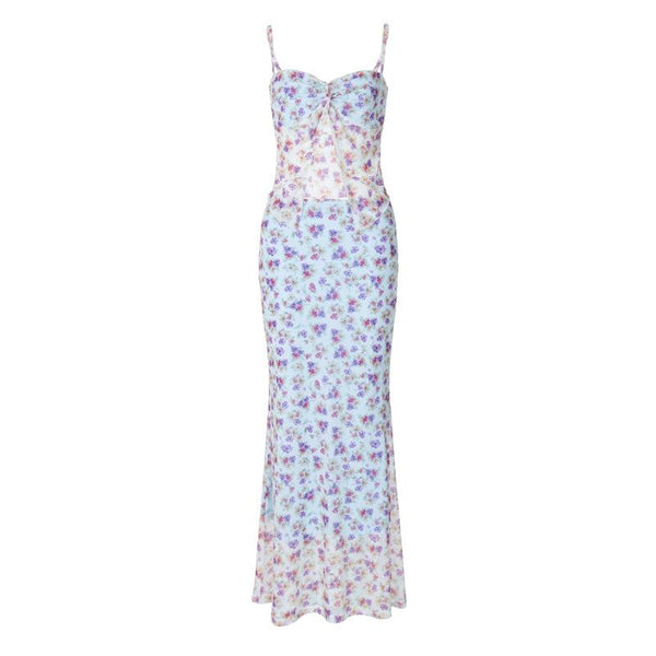 Print ruched high slit sweetheart neck mesh cami maxi skirt set