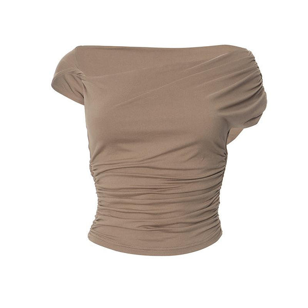 Short sleeve irregular ruched solid top