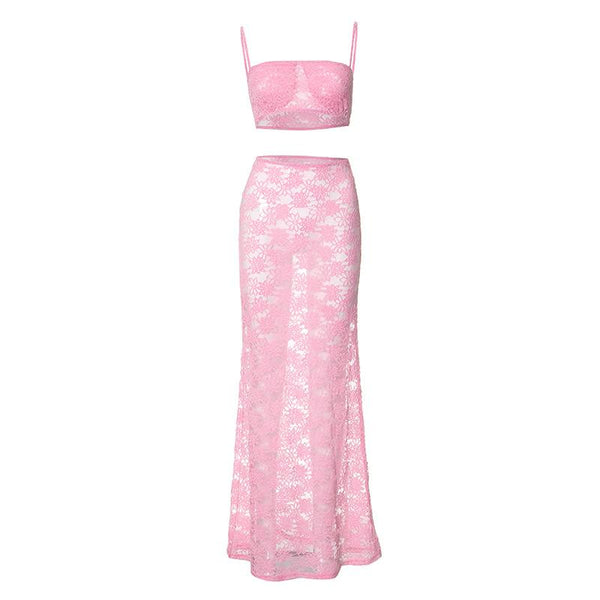 Sheer lace see through tube maxi skirt set