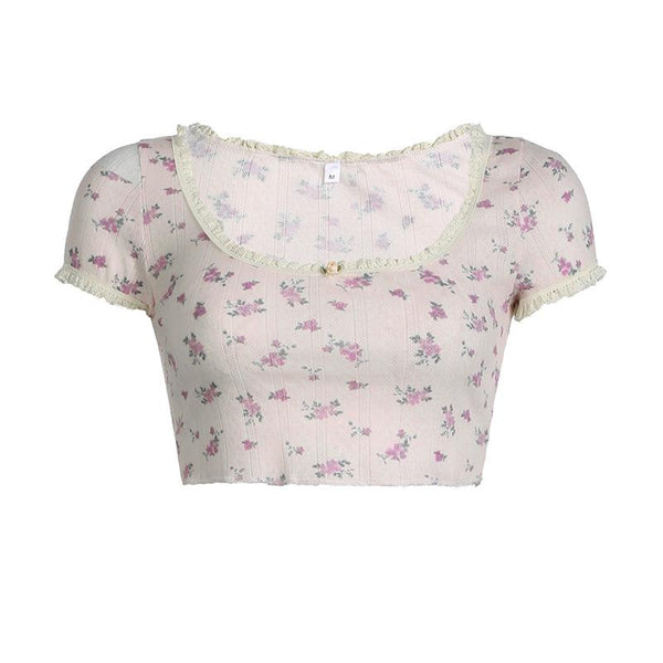 Short sleeve lace hem flower applique print textured crop top