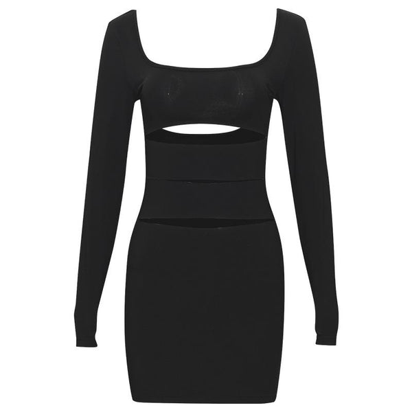 Mini-robe dos nu à manches longues et col en U 