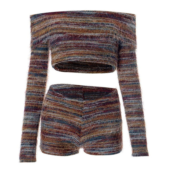 Ensemble pantalon court en tricot contrasté à manches longues et épaules dénudées 
