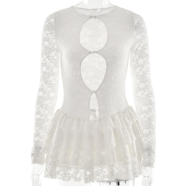 Mini-robe à volants ajourés en dentelle à manches longues 