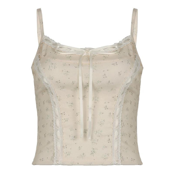 Haut camisole à ourlet en dentelle, nœud papillon, imprimé ruban 