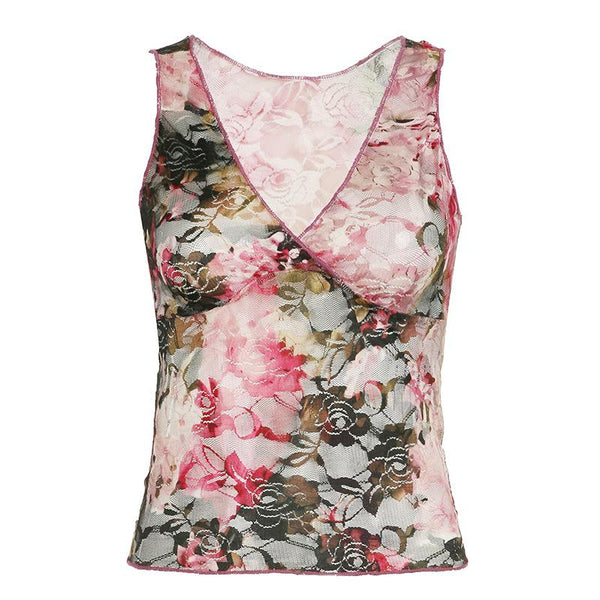 Lace v neck flower pattern stitch tank top