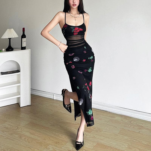 Robe midi dos nu en maille imprimée à fente haute 