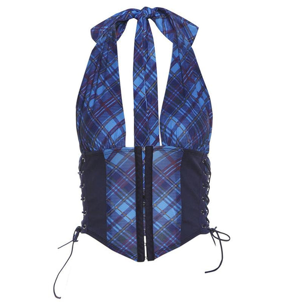 Halter button plaid print lace up top