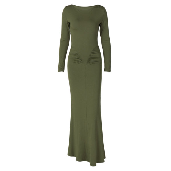 Long sleeve crewneck ruched solid maxi dress  | red tango dress
